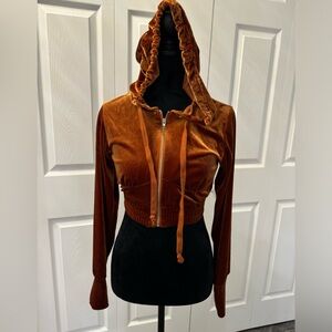 Burnt Orange velvet cropped Zip Up Jacket with hoodie